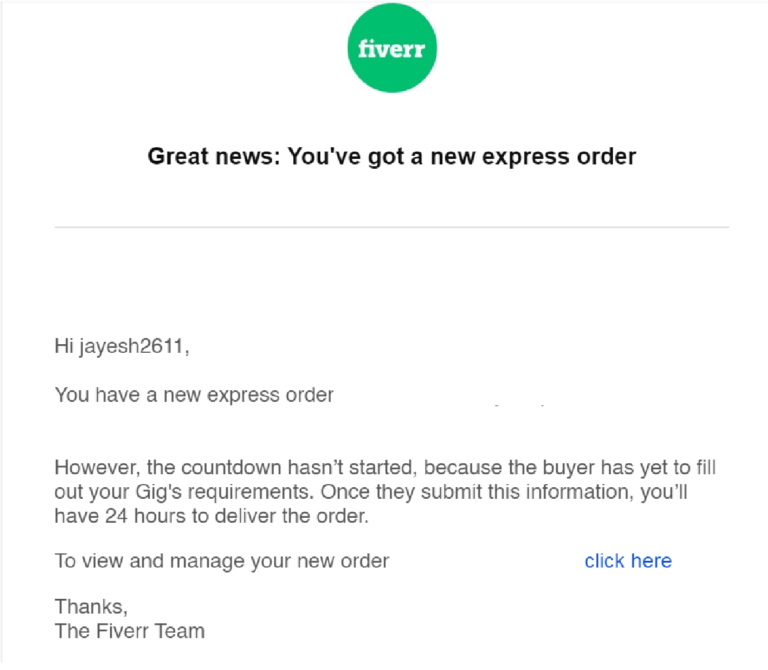HOW TO CREATE A GIG ON FIVERR email of first order on fiverr